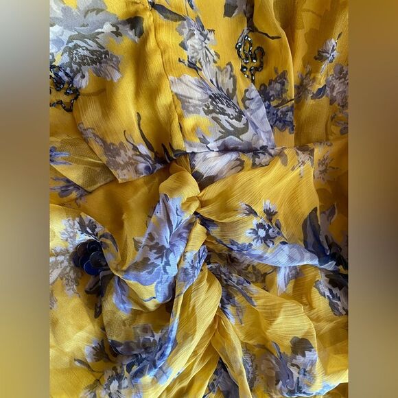 ASOS DESIGN Long Sleeve Mini Dress Yellow Floral Print Sequin Silver Sz 8 NEW - Picture 11 of 16